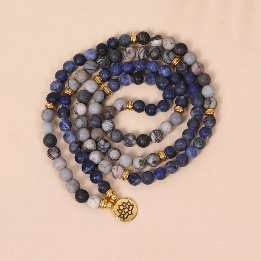 Blue multi layer alloy bracelet with patterned network stone beads