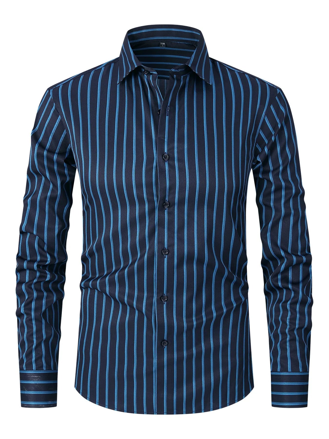 Men's slim fit striped long sleeve business shirt in ice silk polyester blend fabric