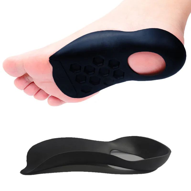 Varus correction arch support insoles in TPR material showing white, black and skin colour options
