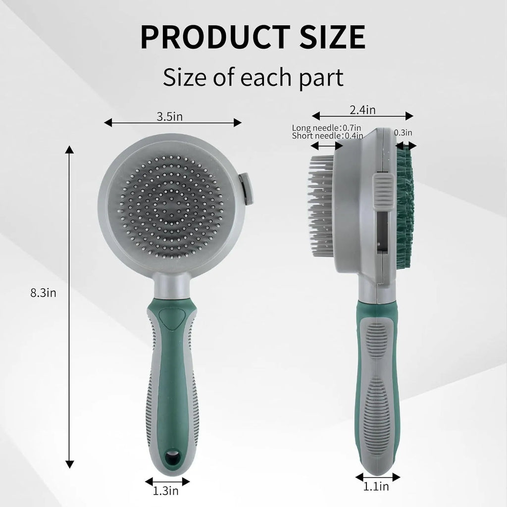 Green and pink dual-sided pet grooming brush showing slicker brush and silicone massager sides.