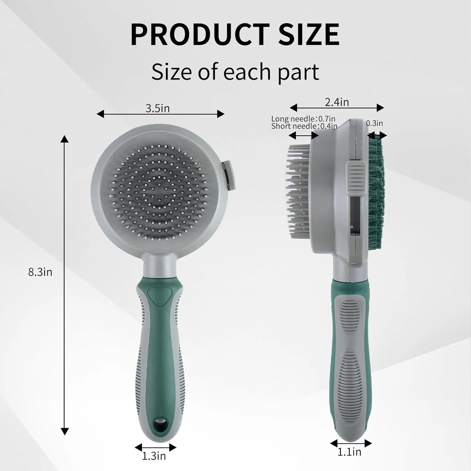Green and pink dual-sided pet grooming brush showing slicker brush and silicone massager sides.