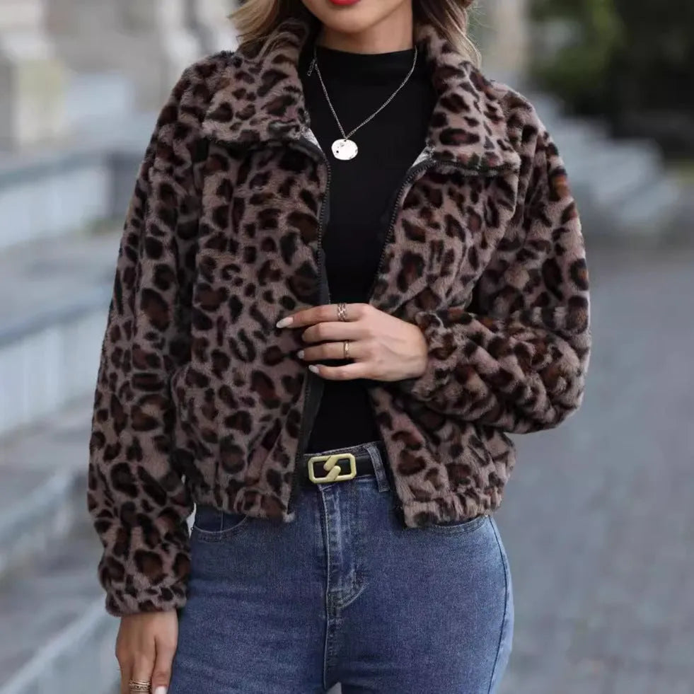 Women's loose fit leopard print plush coat with front zip and raglan sleeves