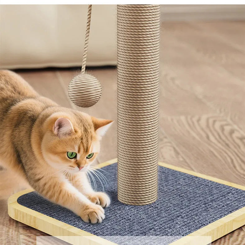 A simple-style cat climbing frame made of pine wood with a carpet leather finish and a hanging ball toy.