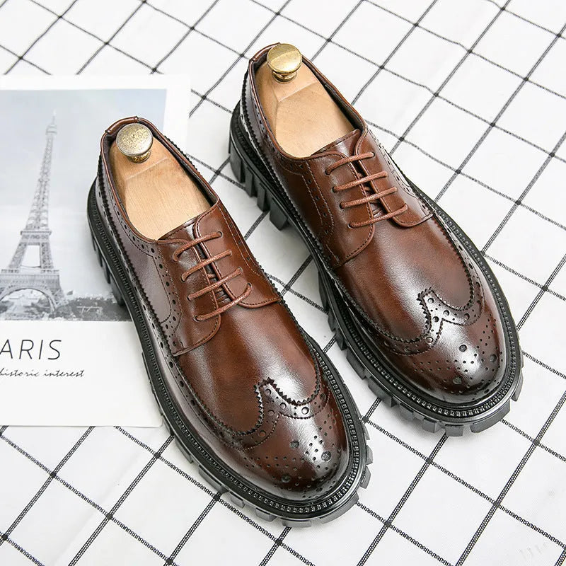 Men's black and brown business brogue shoes with round toe and artificial PU construction