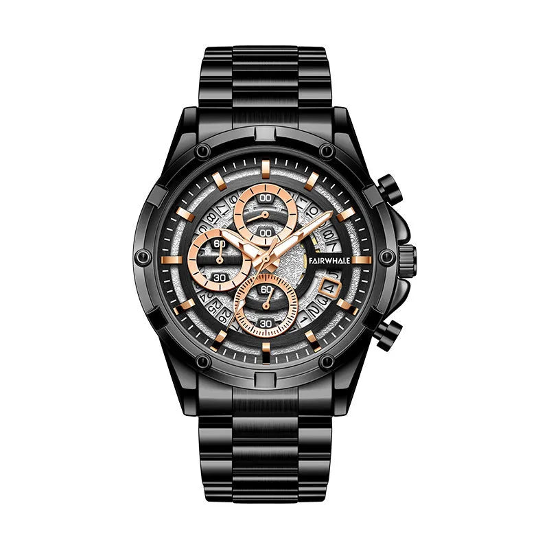 Men's waterproof luminous quartz watch with steel belt in black and blue, black and gold, or silver and white colour options