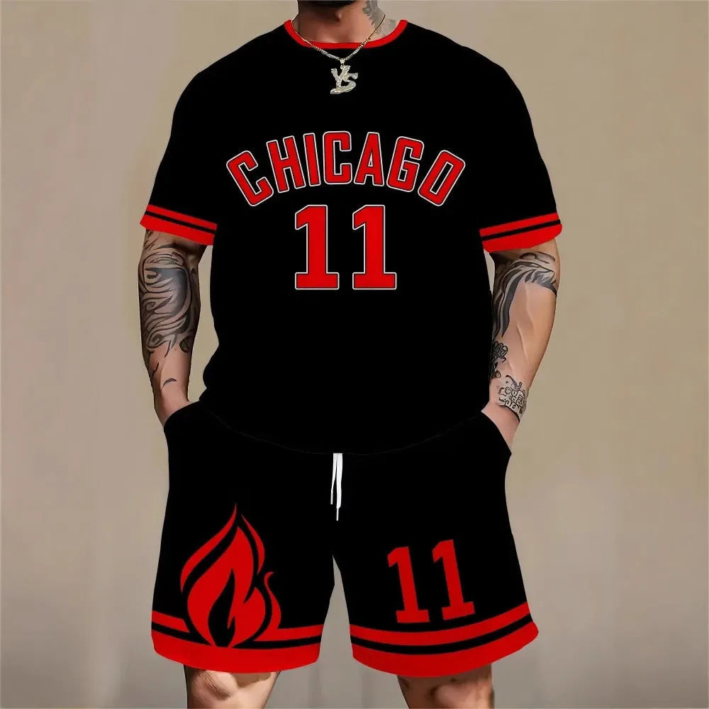 Men's 3D printed letter pattern sportswear two-piece set with short sleeves and shorts