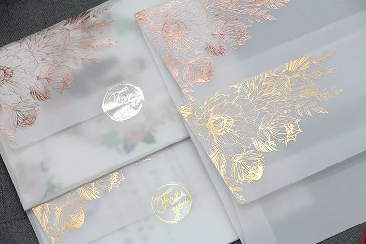Gold bronzed sulfuric acid paper invitation card with matte finish measuring 12.5 by 17.6 centimetres