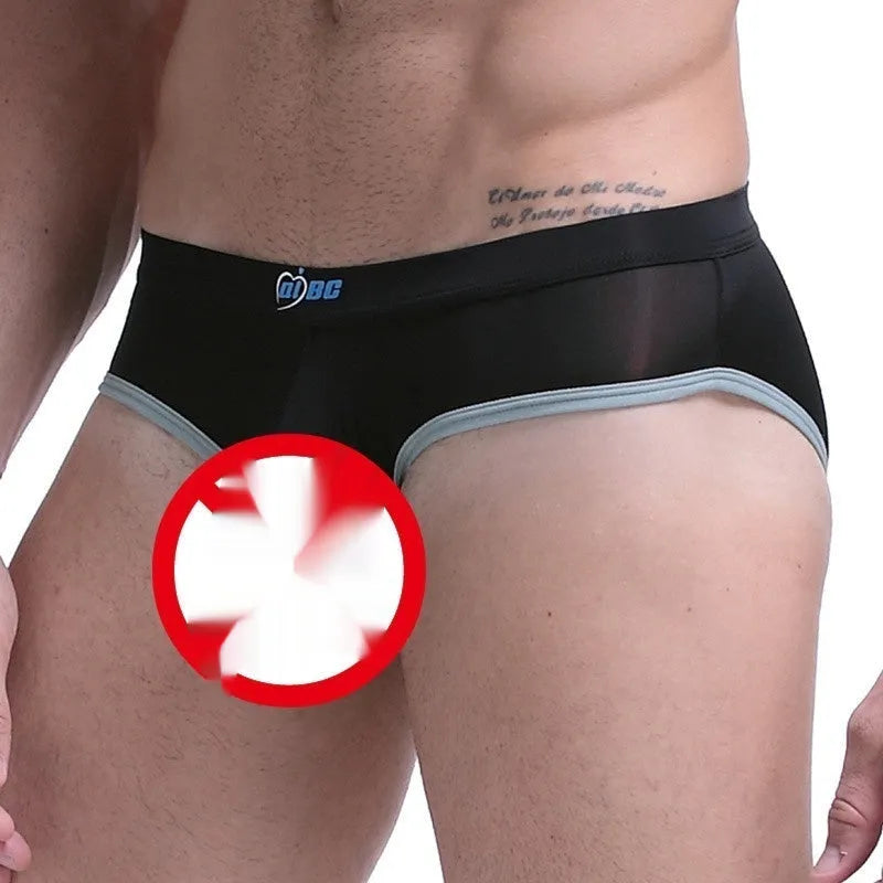 Men's thin ice silk bazooka briefs in multiple colours on a mid waist model.