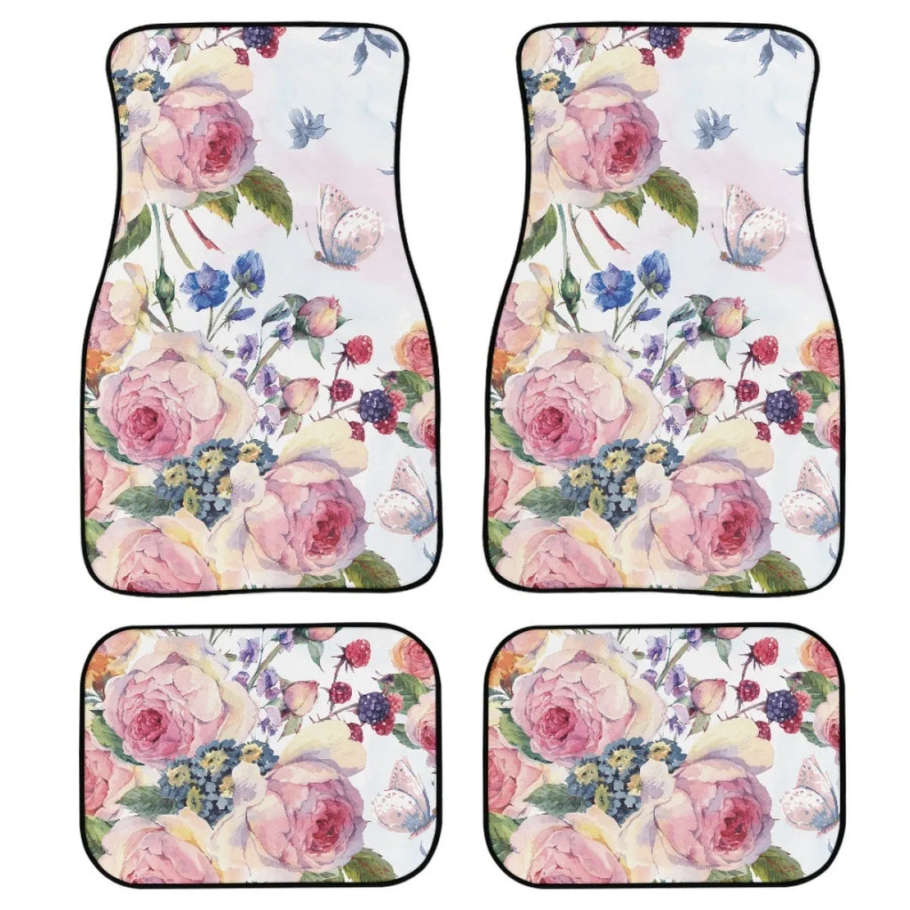 Four-piece set of black printed rubber car floor mats with a 20mm thickness and waterproof lining.