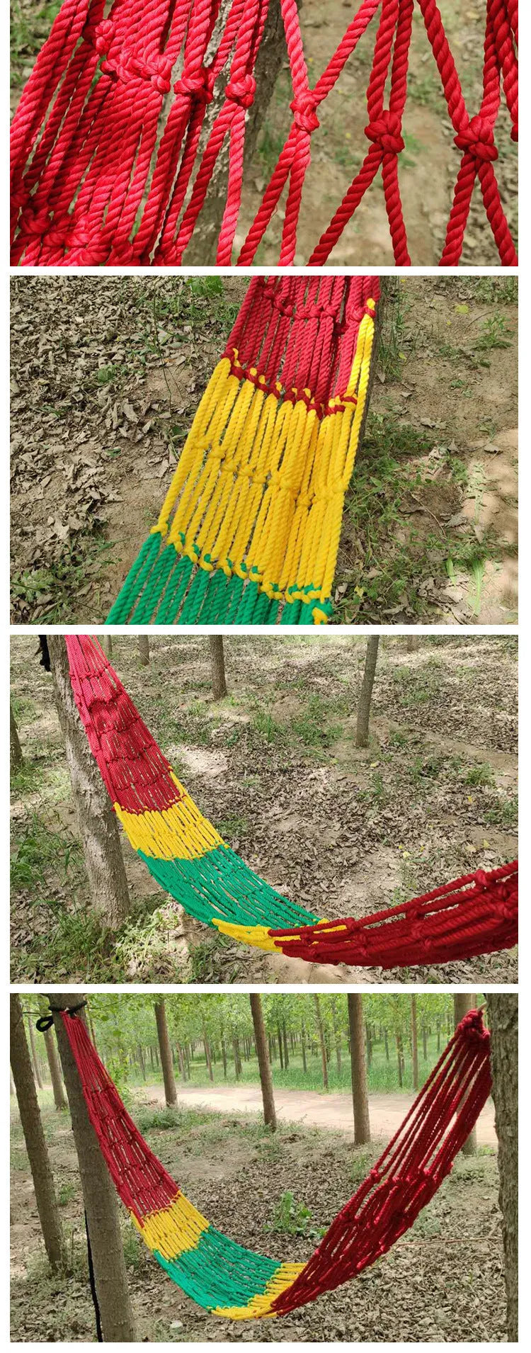 Nylon rope mesh hammock with open weave pattern showing 1.1m width and included tying rope