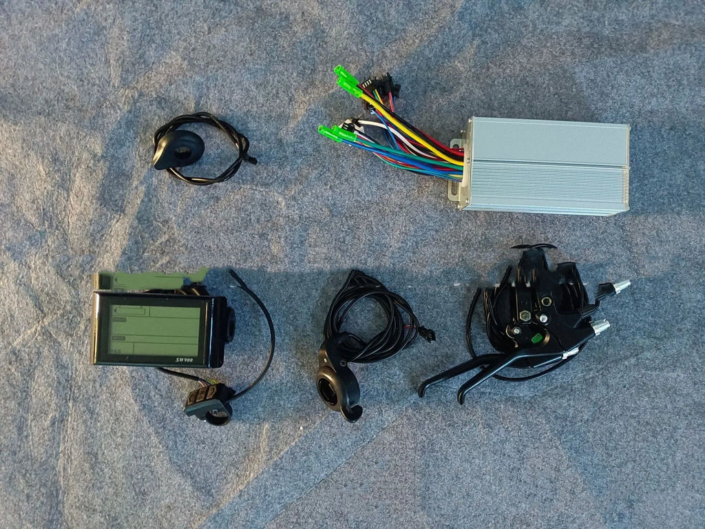 Lithium electric bicycle conversion kit with 36V 250W motor, controller, handlebar, and brake lever in black