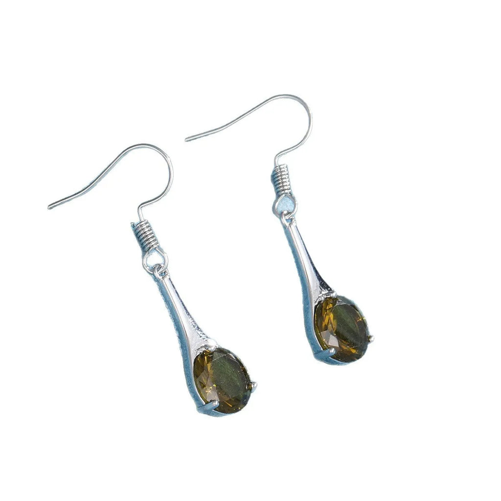 Olive green topaz colour drop-shaped earrings with minimalist retro style design