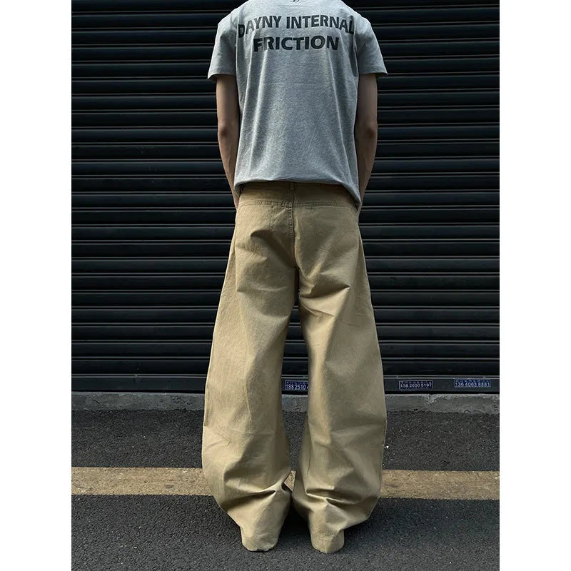 Men's khaki straight-leg casual cotton trousers on a white background.