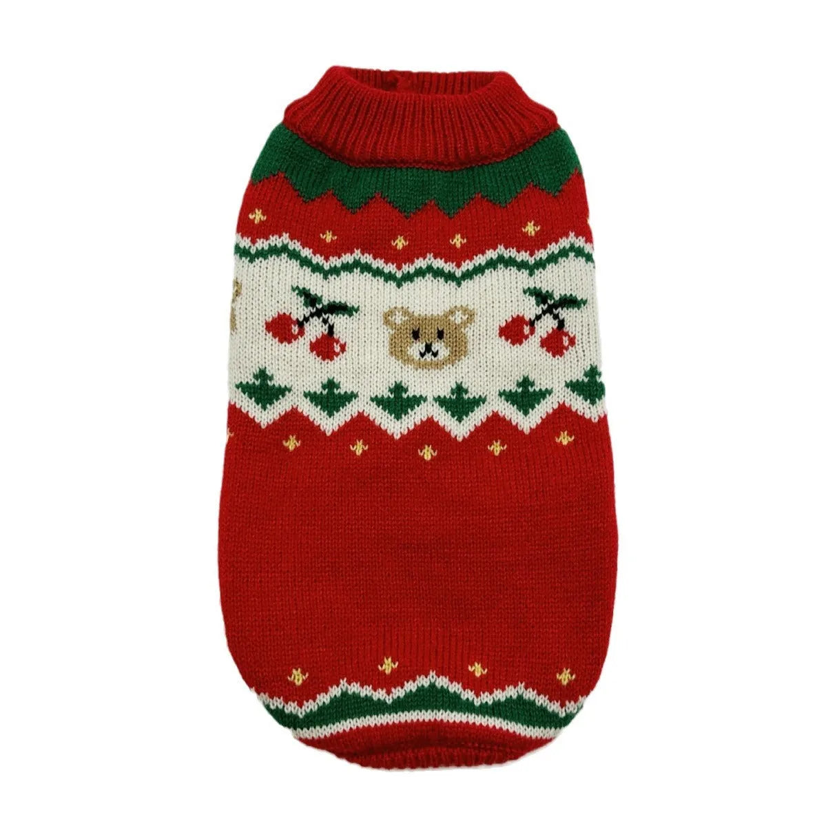 Red Christmas cherry pattern pet sweater for small dogs and cats in polyester fabric