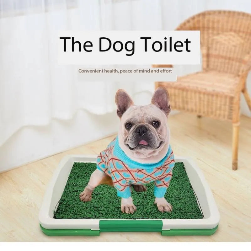 Green synthetic turf dog toilet tray with a plastic base for indoor puppy potty training.