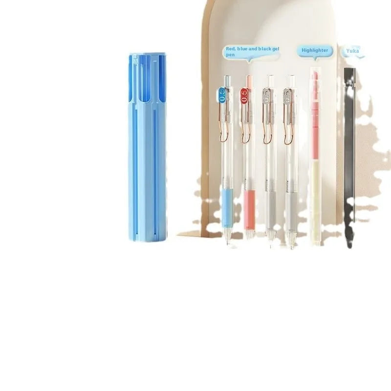 Pressing pen kit with plastic pencil case in blue, white, or pink containing six or sixteen pens