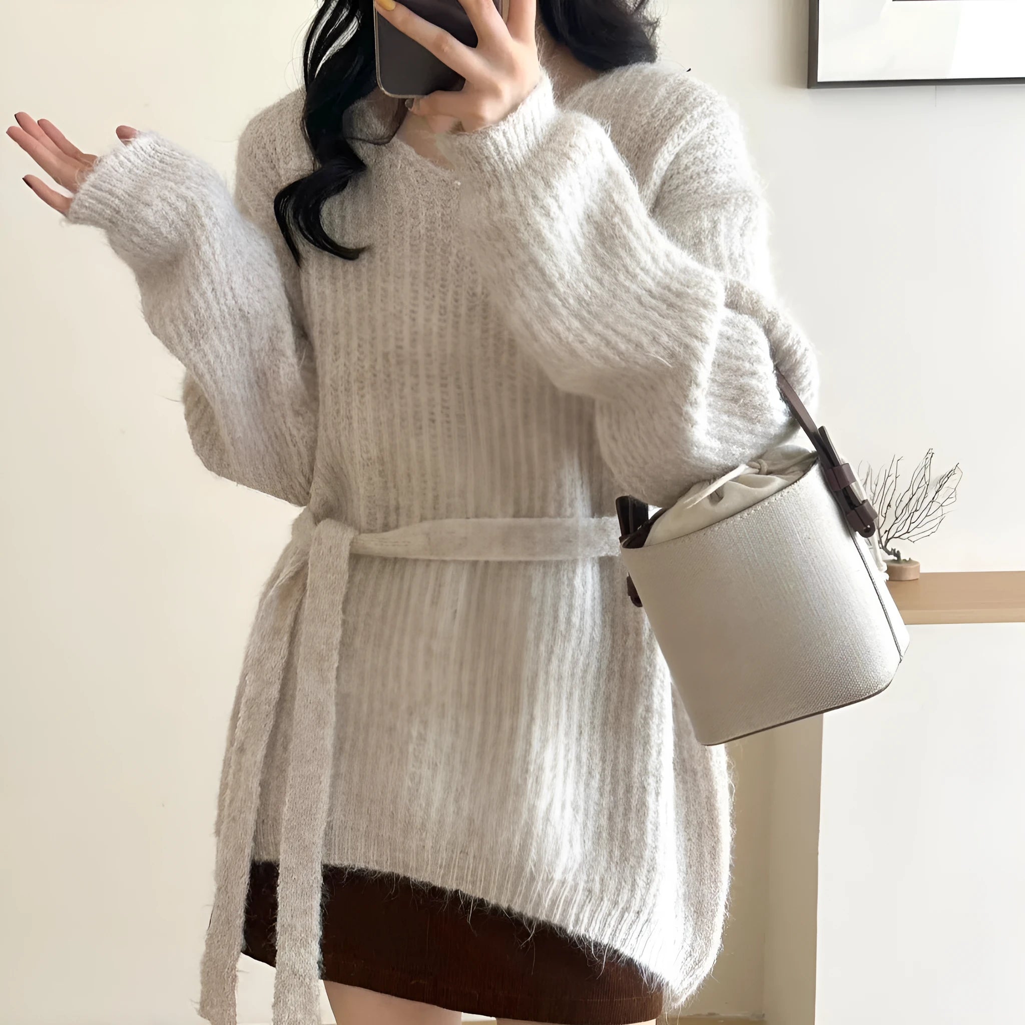 V-neck halter ribbon loose mid-length pullover sweater in polyester for women