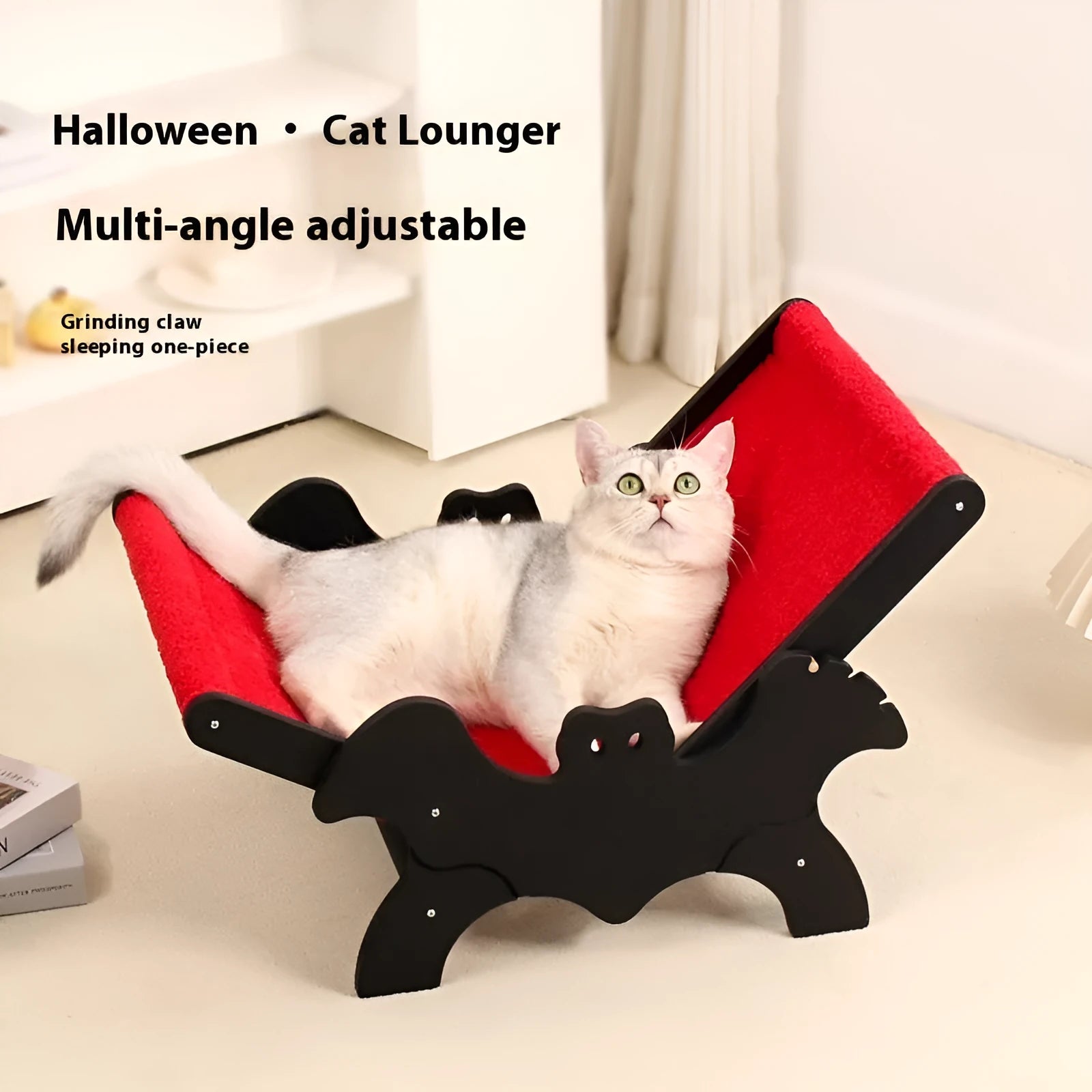Black and red bat-shaped wooden cat recliner and cage, model MW-054.