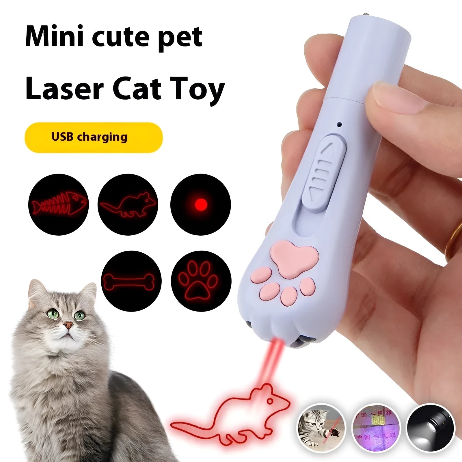 Infrared cat teasing wand with laser pointer and LED moonlight lamp showing pet footprints design
