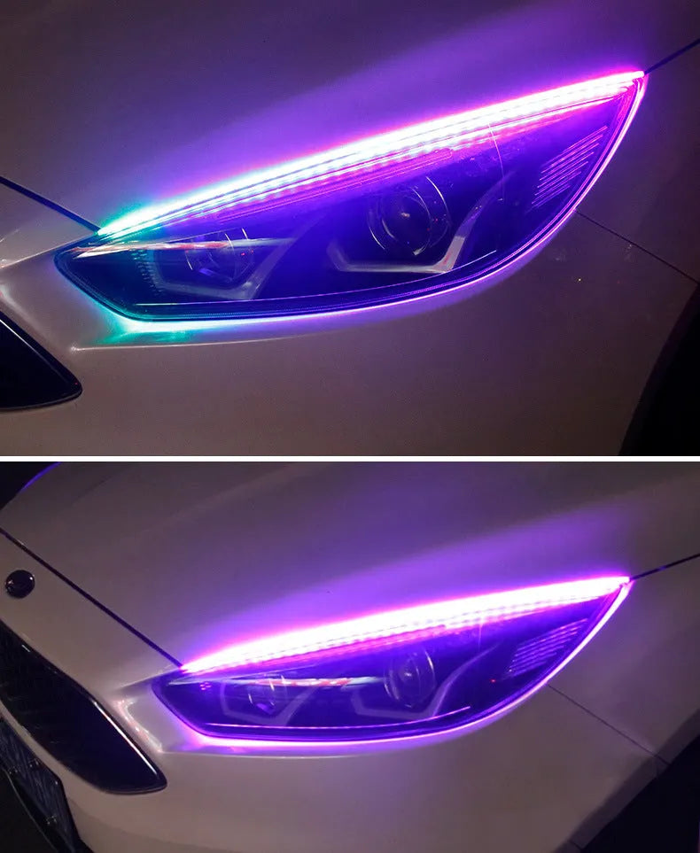 Set of RGB LED daytime running lights for cars with a remote control, available in 30cm, 45cm and 60cm lengths.