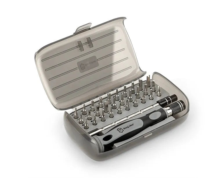 32 in 1 screwdriver set with 30 bits and PH1 driver in a black plastic case.