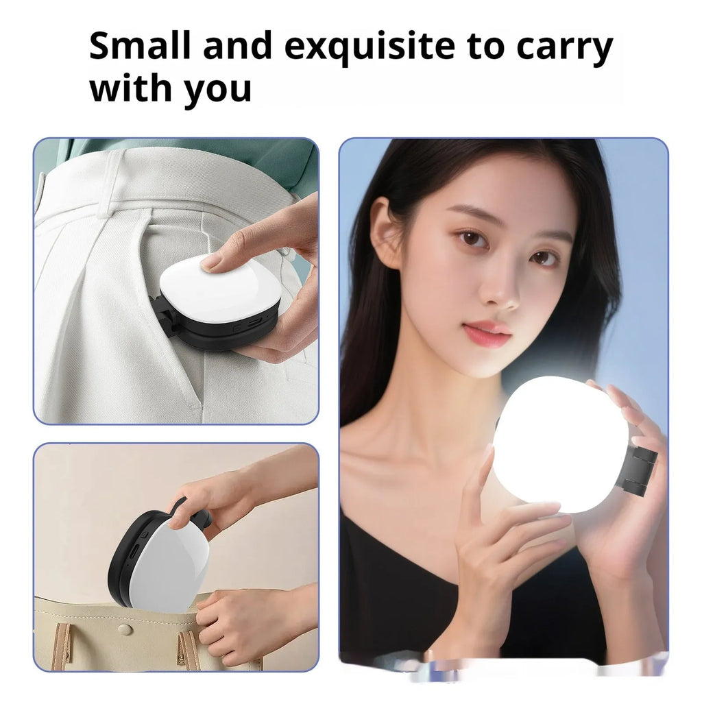 Black mobile phone magnetic fill light with variable holder showing three colour temperature settings