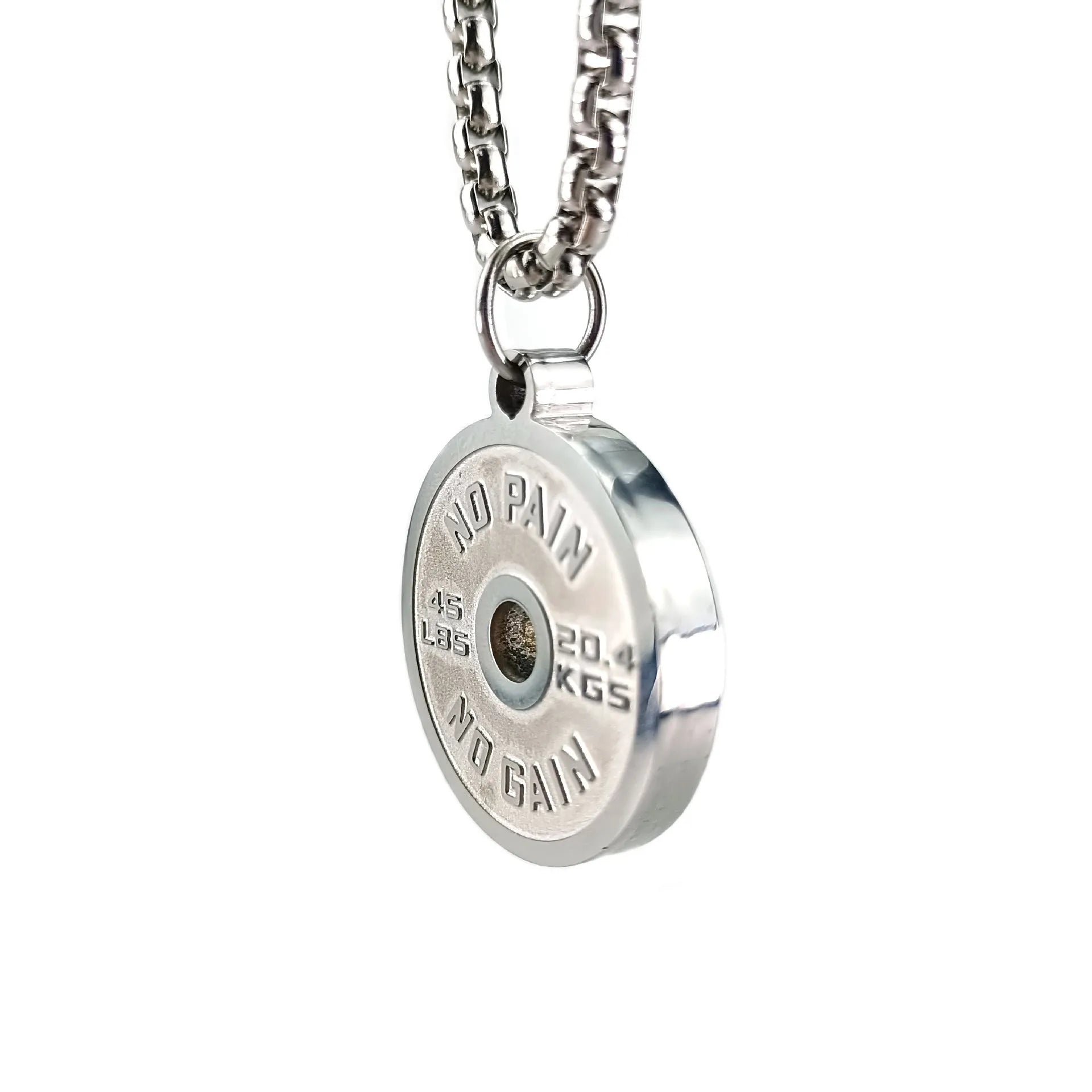 Stainless steel barbell disc pendant necklace with geometric sports design