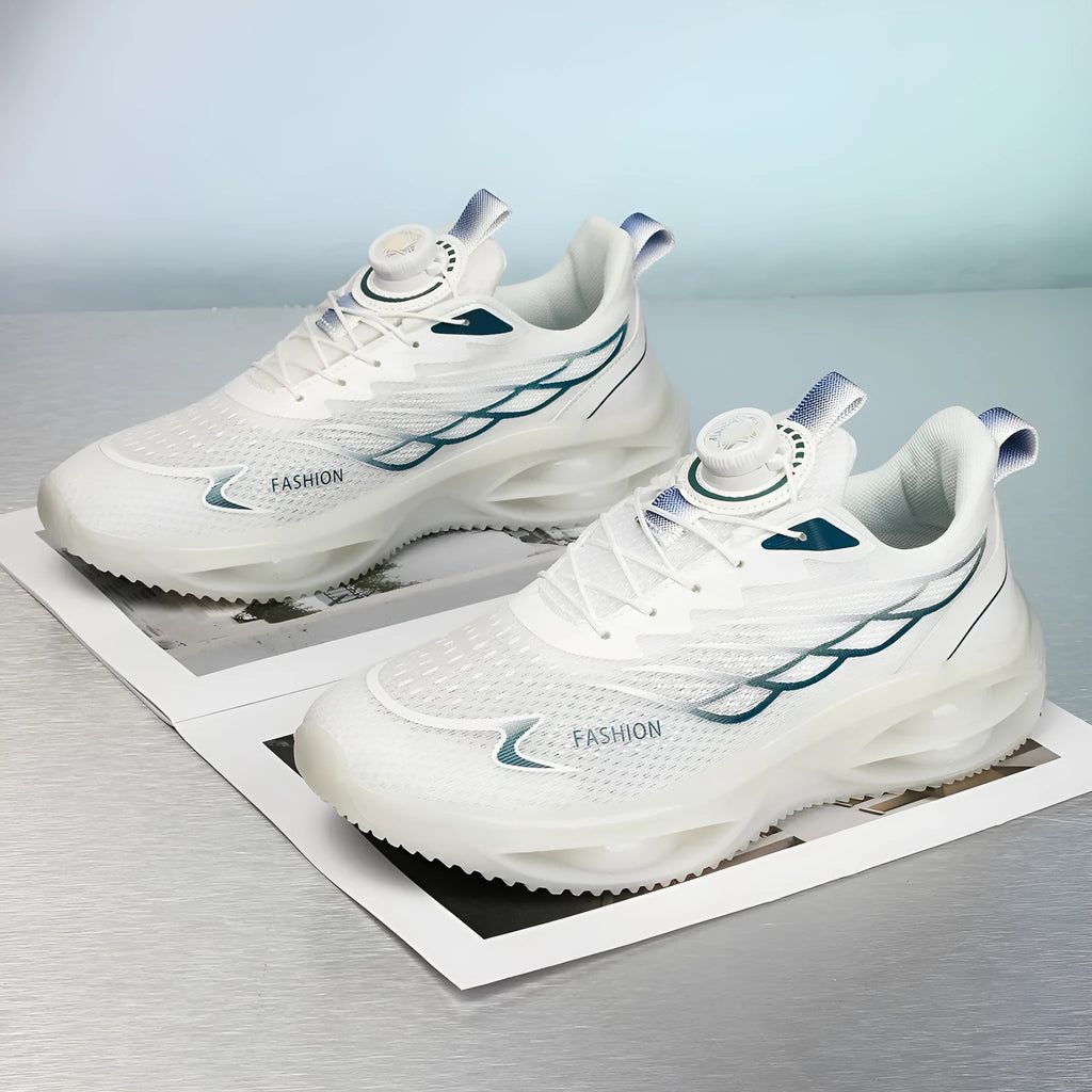 Breathable sky blue casual running trainers with mesh upper and rubber sole on a white background