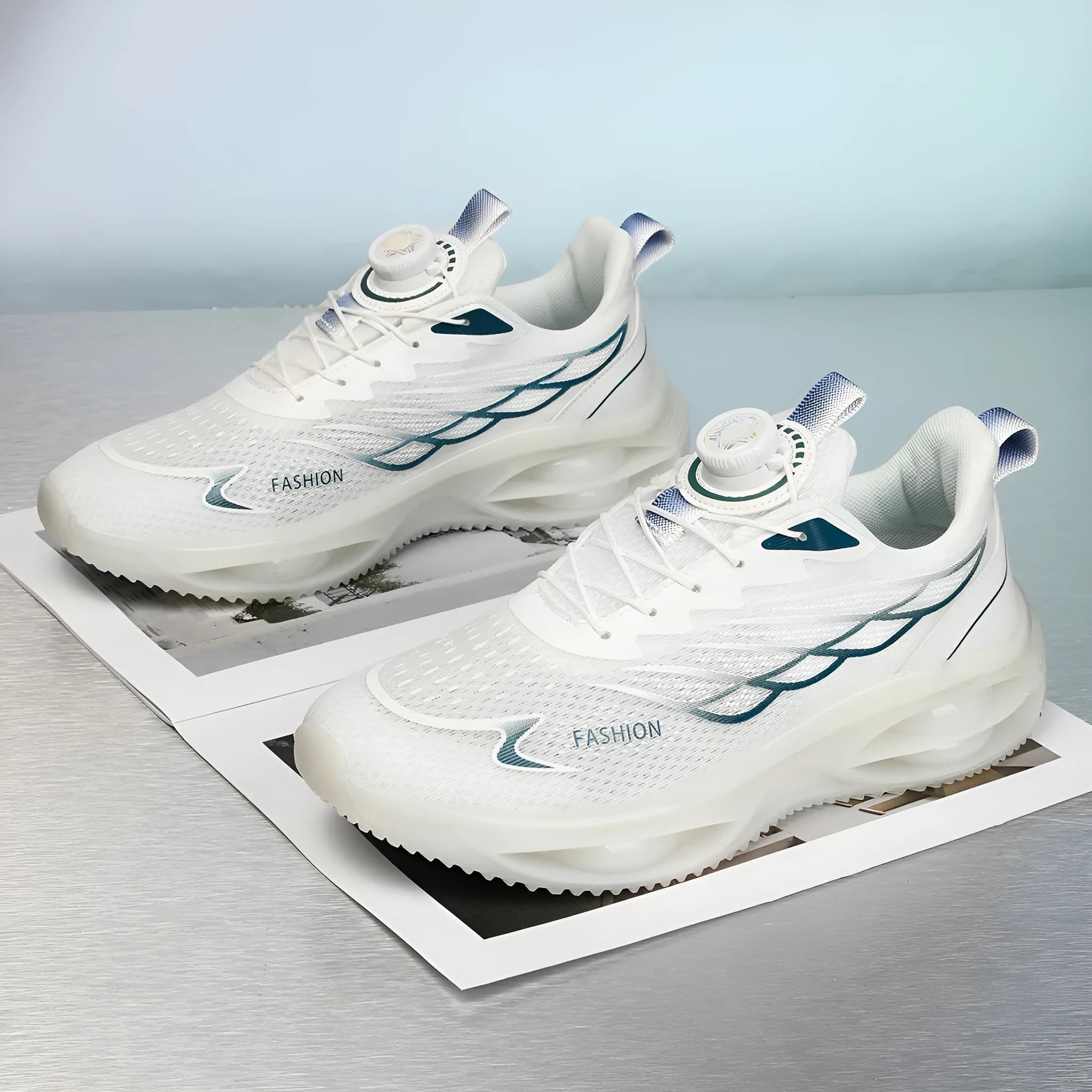 Breathable sky blue casual running trainers with mesh upper and rubber sole on a white background