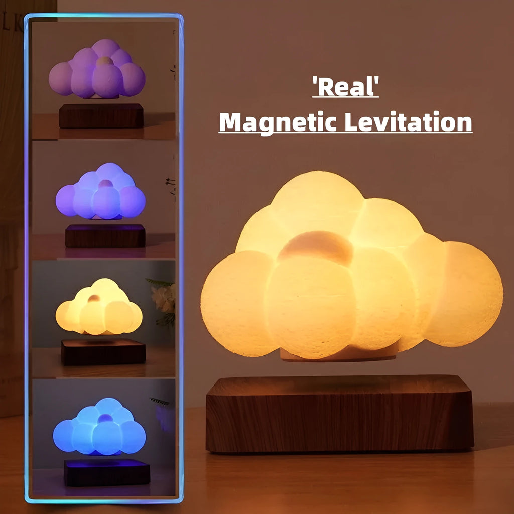 Magnetic levitation cloud night light with 3D printed cloud floating above base, warm white light