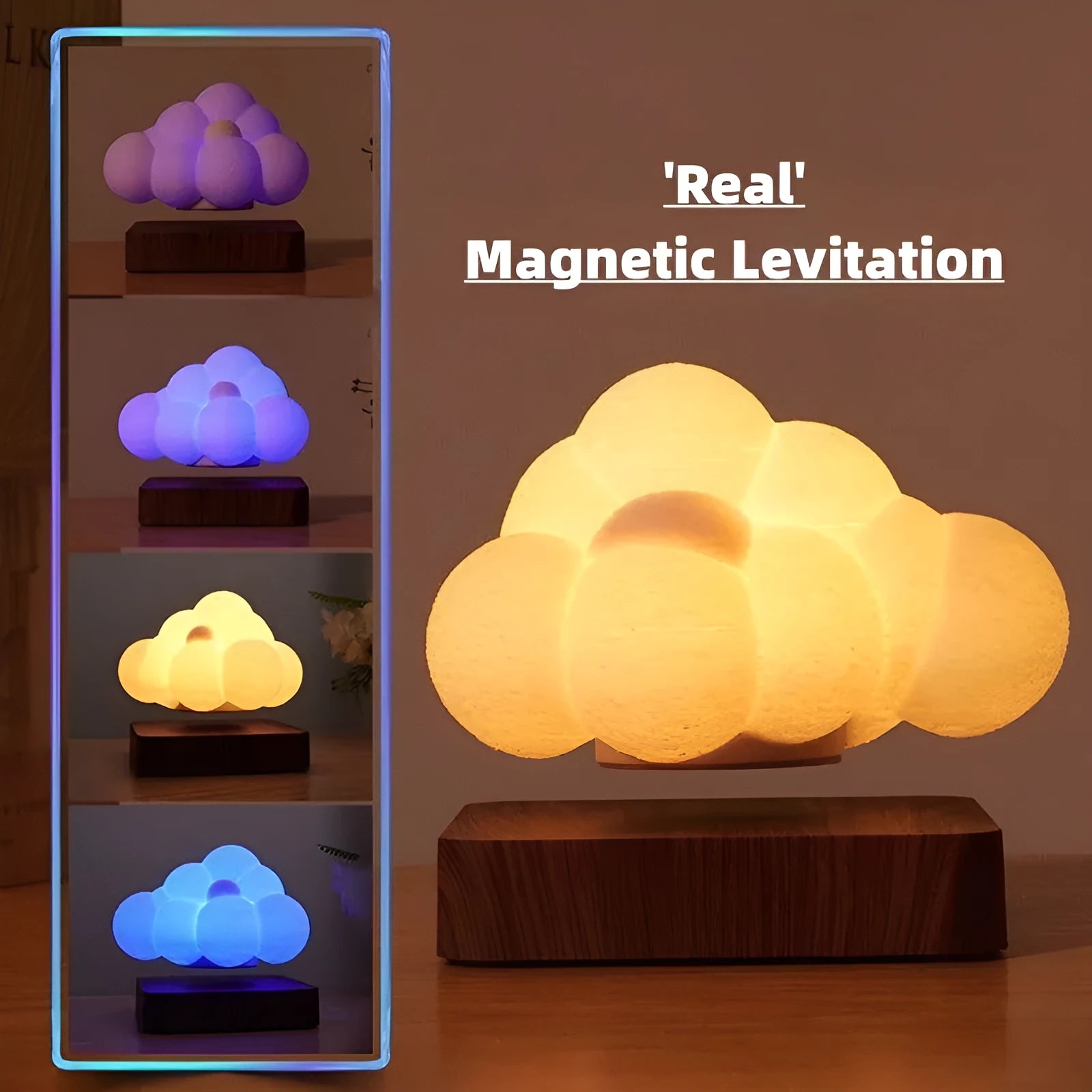 Magnetic levitation cloud night light with 3D printed cloud floating above base, warm white light