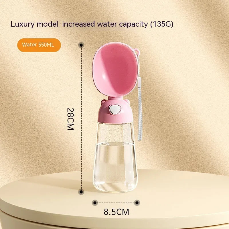 Portable dog water bottle and food container with integrated drinking bowl for pet travel