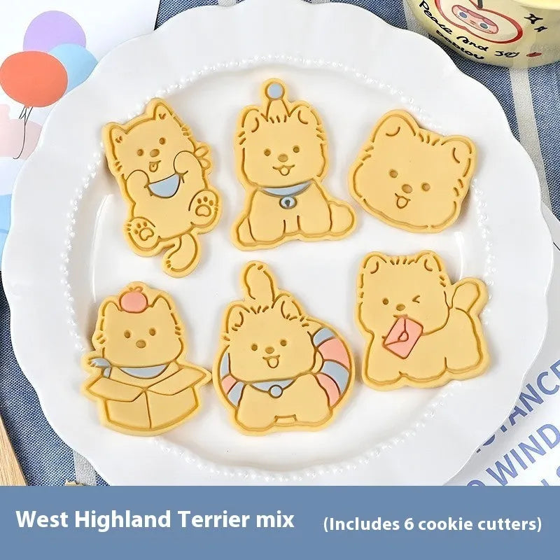 Plastic cartoon biscuit mould for 3D puppy-shaped treats with seven decorative designs