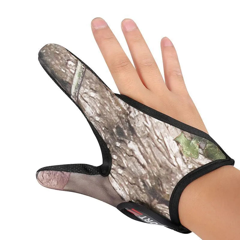 Two-finger fishing glove showing diving cloth back and microfiber palm for right or left hand