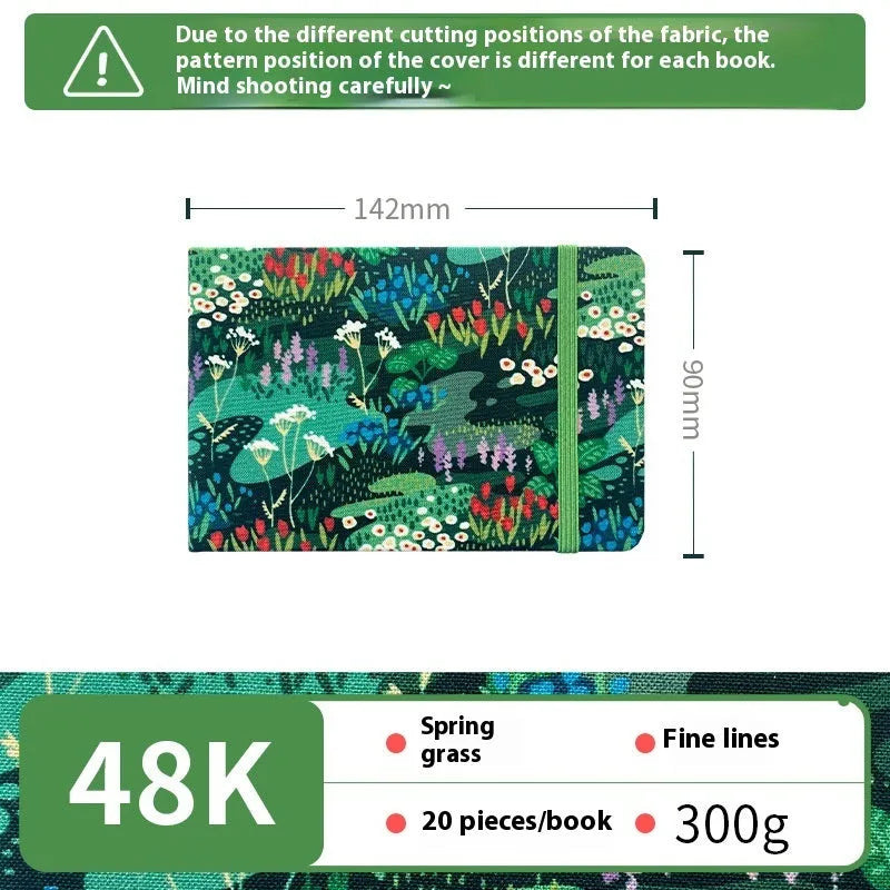 Feiluniao handmade fabric watercolour notebook in 185mm portable size, showing artistic cover design.