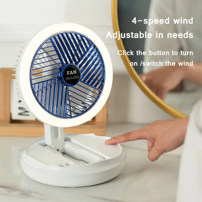 Blue or grey USB charging foldable desk fan with LED light showing wall mounting and desk use