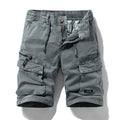 Men's army green cotton shorts with a zipper fly and multiple pockets, laid flat.