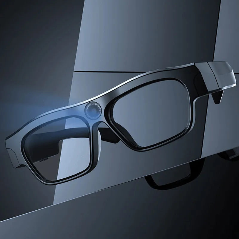 Black smart Bluetooth glasses with video camera for head-mounted recording