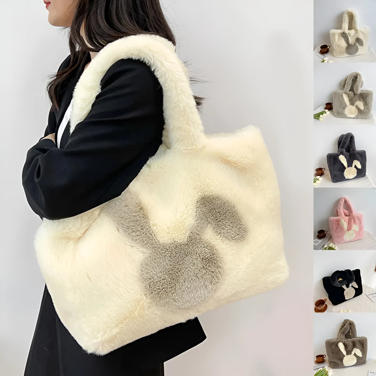 Cute cartoon rabbit ears plush shoulder tote bag in a solid colour.