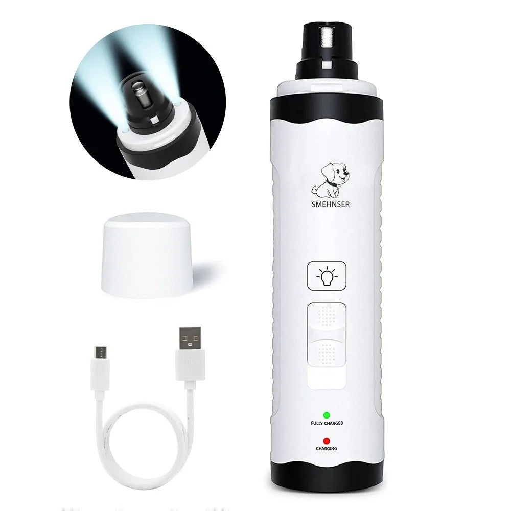 Electric dog nail grinder with LCD screen showing speed settings, UK plug, and dust collection port.