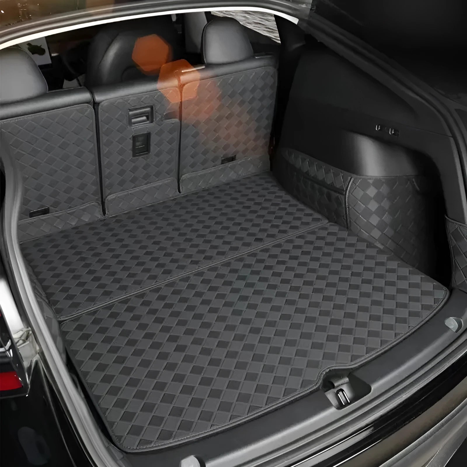 Tesla Model 3 leather boot liner in black with buckle fastening system