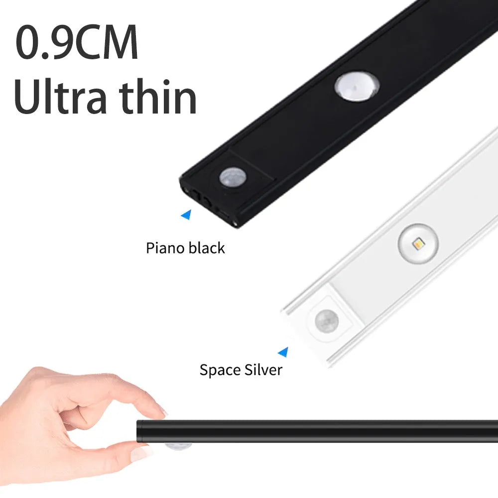 Thin silver aluminium USB rechargeable LED light strip with motion sensor for cabinet mounting