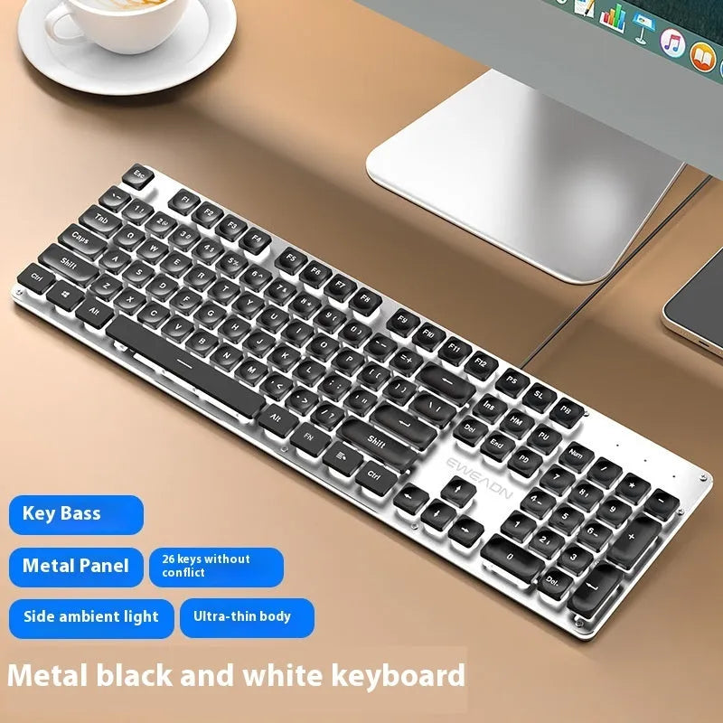 Mute mechanical keyboard with LED lighting and matching wired mouse in silver white blue colour combination