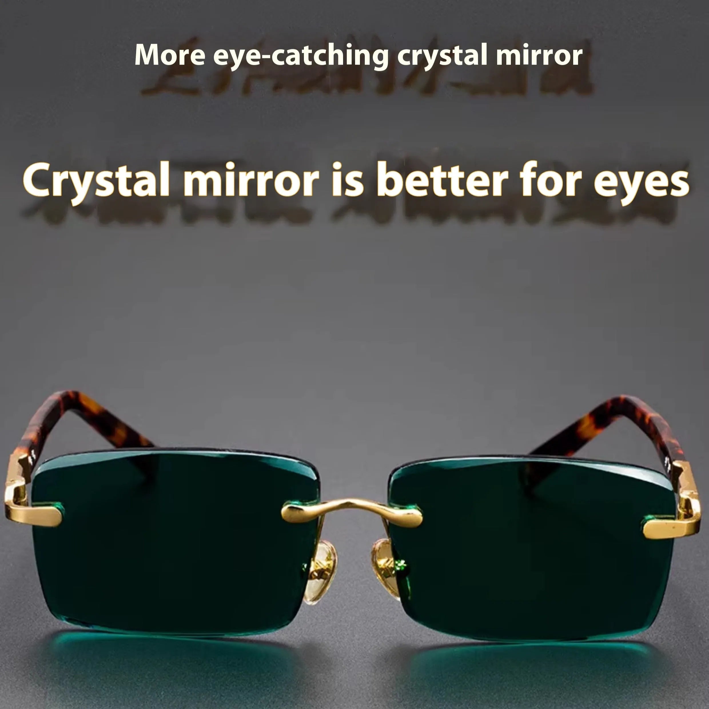 A pair of dark green frameless crystal sunglasses with a gold-tone temple arm on a case.