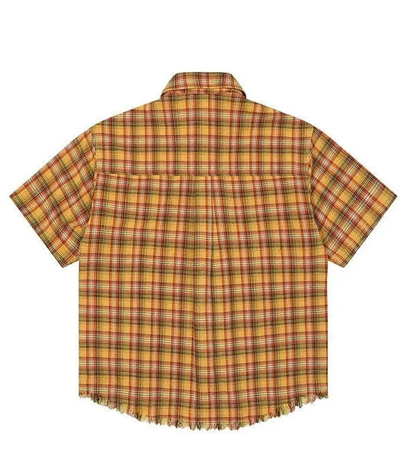 Yellow and white grid pattern short sleeve shirt with loose fit and embroidered chest pocket.