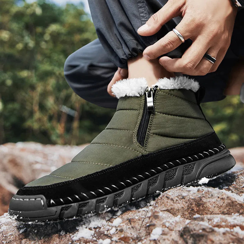 Men's plus size insulated snow boot in black with cotton upper and non-slip rubber sole.