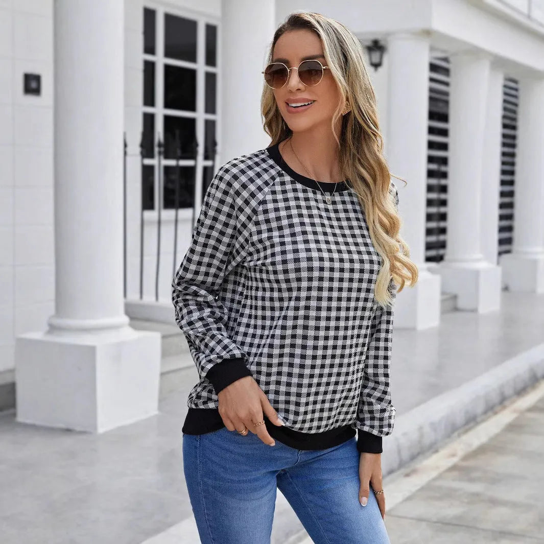 Black Japanese plaid pattern long sleeve polyester sweater showing front view with regular sleeves