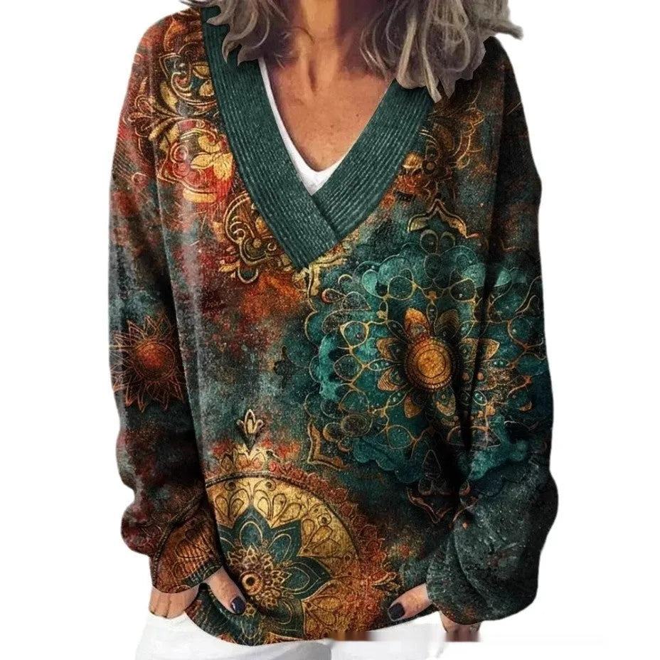 Women's V-neck floral pattern printed sweatshirt with 3D effect and long sleeves