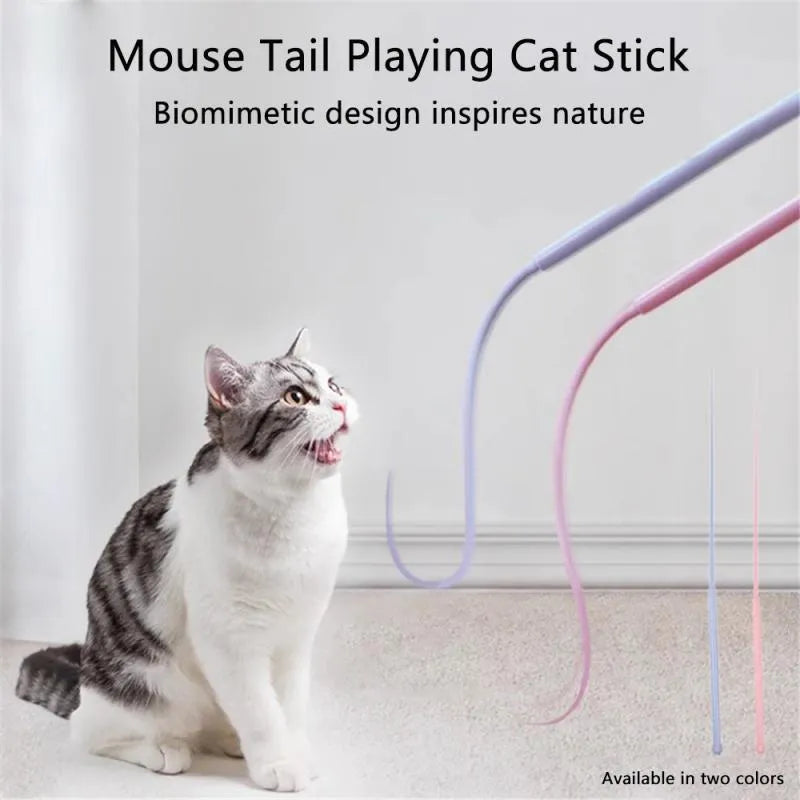 Blue cat teaser wand with silicone mouse tail measuring 80cm length