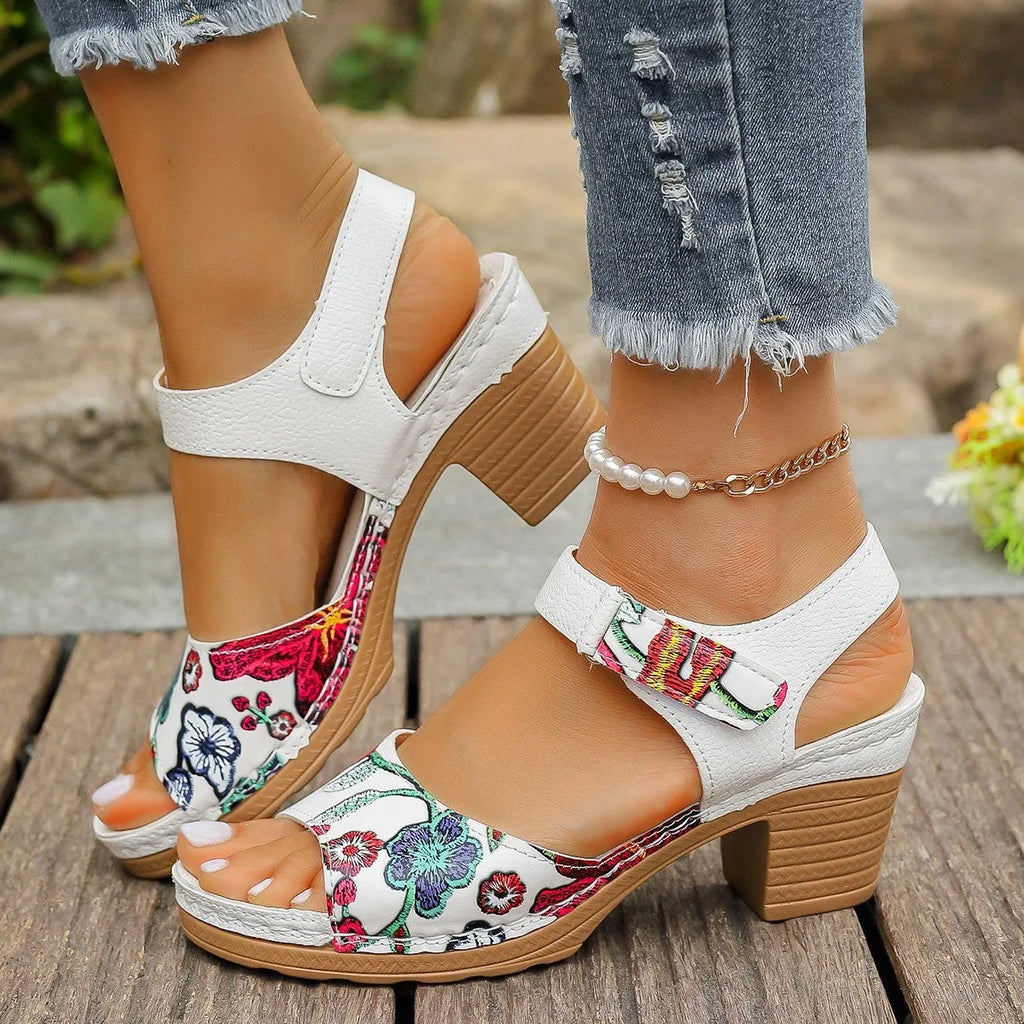 White women's high heel sandals with velcro ankle strap and rubber sole